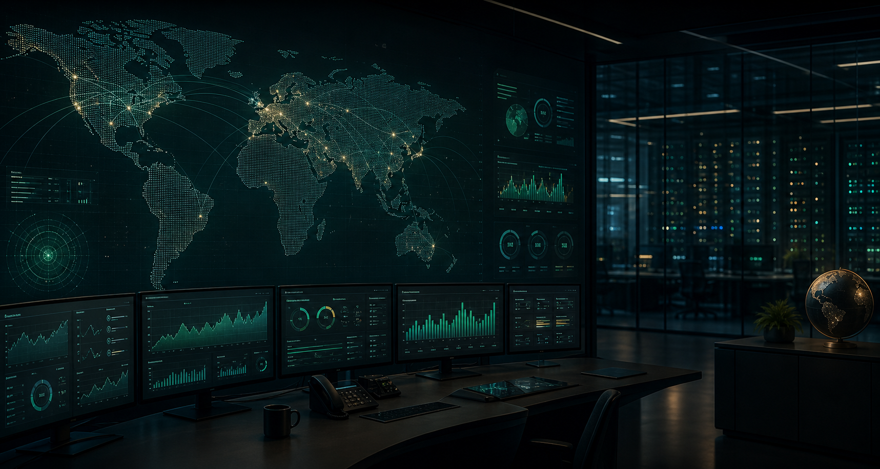 Abstract global operations command center with dashboards and network lines